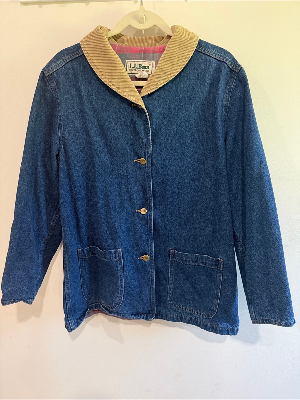 L.L. Bean Blue Denim Jacket with Tan Corduroy Collar and Pink Plaid Lining - Picture 7 of 10